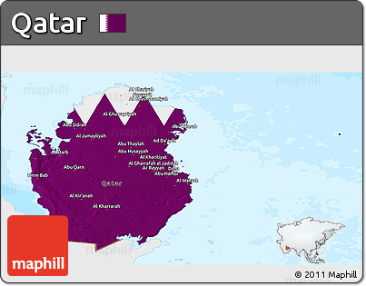 Flag Panoramic Map of Qatar, single color outside, bathymetry sea, flag aligned to the middle