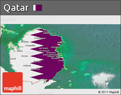 Flag Panoramic Map of Qatar, single color outside, satellite sea