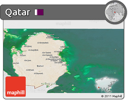 Satellite Panoramic Map of Qatar, lighten, desaturated, land only