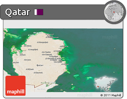Satellite Panoramic Map of Qatar, lighten, land only