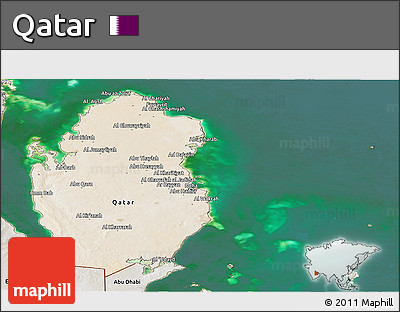 Satellite Panoramic Map of Qatar, semi-desaturated, land only