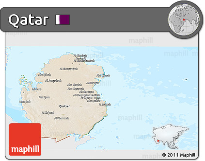 Satellite Panoramic Map of Qatar, single color outside, bathymetry sea