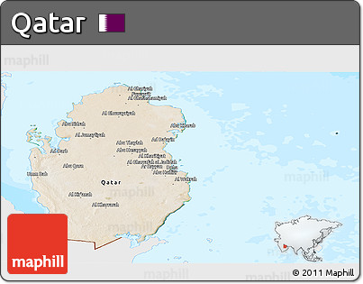 Satellite Panoramic Map of Qatar, single color outside, bathymetry sea