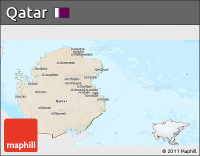 Satellite Panoramic Map of Qatar, single color outside, bathymetry sea