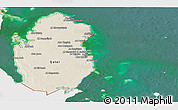 Shaded Relief Panoramic Map of Qatar, single color outside, satellite sea