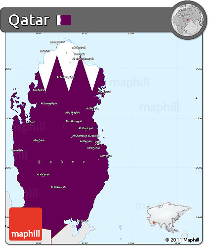 Flag Simple Map of Qatar, single color outside, borders and labels, flag aligned to the middle