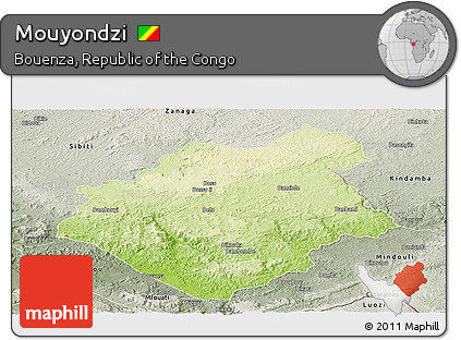 Physical Panoramic Map of Mouyondzi, semi-desaturated