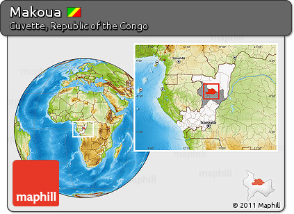Physical Location Map of Makoua, highlighted country, highlighted parent region, within the entire country