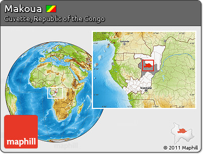 Physical Location Map of Makoua, highlighted country, highlighted parent region, within the entire country
