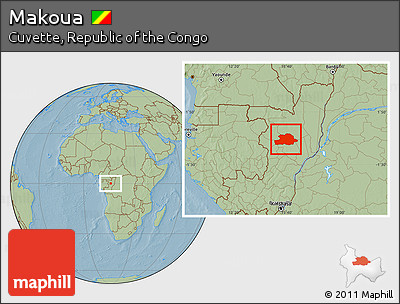 Savanna Style Location Map of Makoua, hill shading