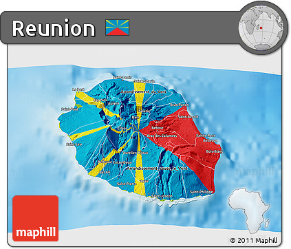 Flag 3D Map of Reunion, physical outside, flag rotated
