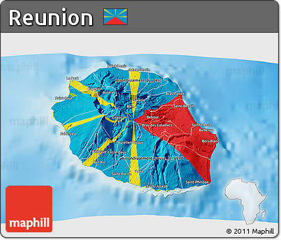 Flag 3D Map of Reunion, physical outside, flag rotated
