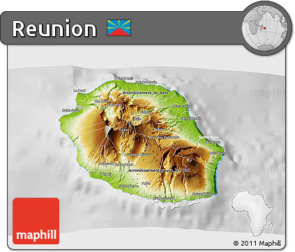 Physical 3D Map of Reunion, lighten, desaturated