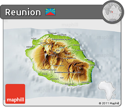 Physical 3D Map of Reunion, lighten, semi-desaturated
