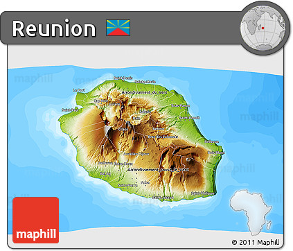 Physical 3D Map of Reunion, single color outside, bathymetry sea