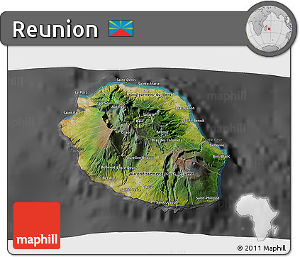 Satellite 3D Map of Reunion, darken, desaturated