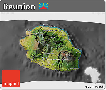 Satellite 3D Map of Reunion, darken, desaturated
