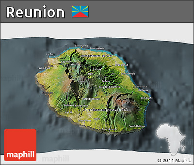 Satellite 3D Map of Reunion, darken, semi-desaturated