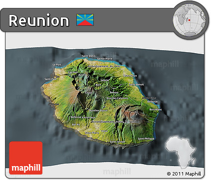 Satellite 3D Map of Reunion, darken, semi-desaturated