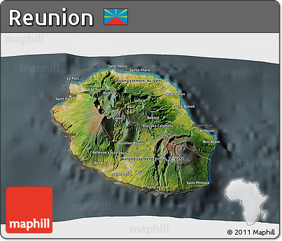 Satellite 3D Map of Reunion, darken, semi-desaturated