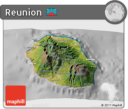 Satellite 3D Map of Reunion, lighten, desaturated