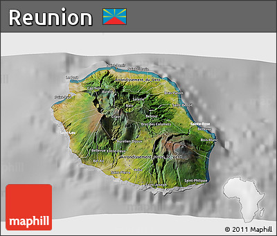 Satellite 3D Map of Reunion, lighten, desaturated
