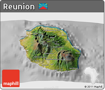 Satellite 3D Map of Reunion, lighten, desaturated