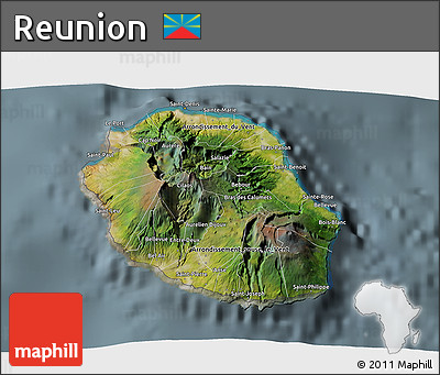 Satellite 3D Map of Reunion, semi-desaturated