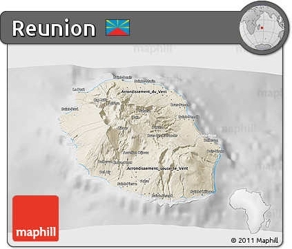 Shaded Relief 3D Map of Reunion, lighten, desaturated