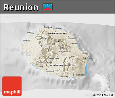 Shaded Relief 3D Map of Reunion, lighten, desaturated