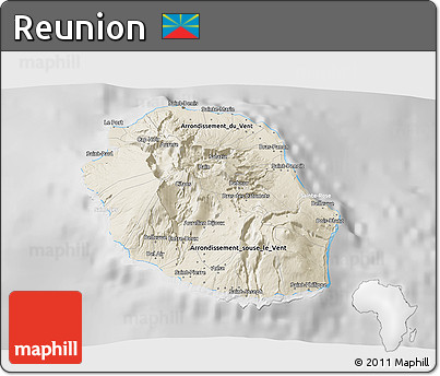 Shaded Relief 3D Map of Reunion, lighten, desaturated