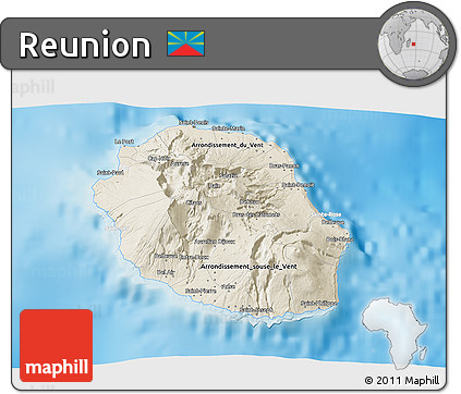 Shaded Relief 3D Map of Reunion, lighten, desaturated, land only