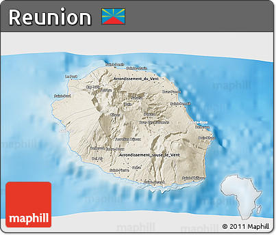 Shaded Relief 3D Map of Reunion, lighten, desaturated, land only