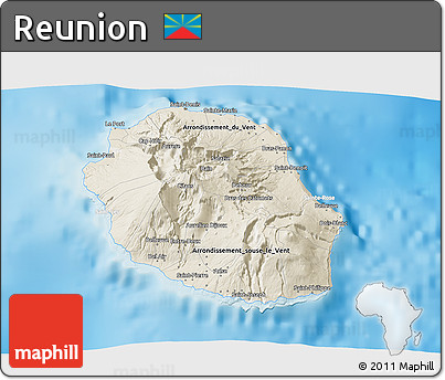 Shaded Relief 3D Map of Reunion, lighten, land only