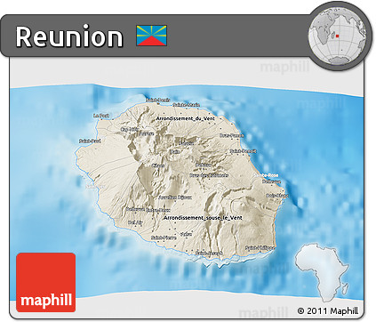 Shaded Relief 3D Map of Reunion, lighten, semi-desaturated, land only