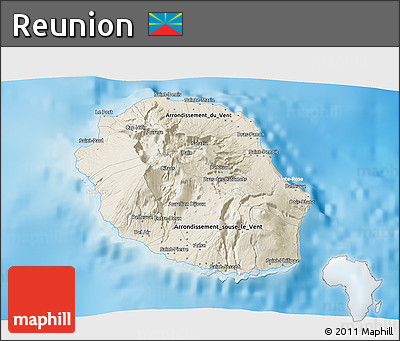 Shaded Relief 3D Map of Reunion, lighten, semi-desaturated, land only