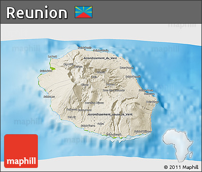 Shaded Relief 3D Map of Reunion, physical outside