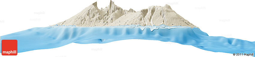 Shaded Relief Horizon Map of Reunion, political shades outside, shaded relief sea