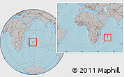 Gray Location Map of Reunion, within the entire continent, hill shading