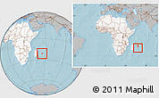 Gray Location Map of Reunion, highlighted continent, within the entire continent, hill shading