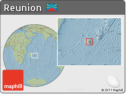 Physical Location Map of Reunion, savanna style outside, hill shading