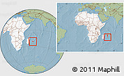 Savanna Style Location Map of Reunion, highlighted continent, within the entire continent, hill shading