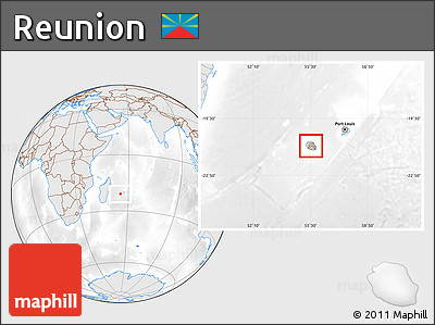 Shaded Relief Location Map of Reunion, lighten, desaturated