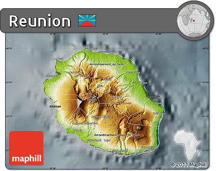 Physical Map of Reunion, darken, semi-desaturated