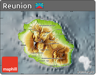 Physical Map of Reunion, darken, semi-desaturated
