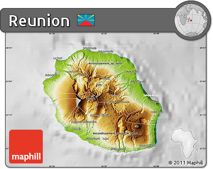 Physical Map of Reunion, lighten, desaturated