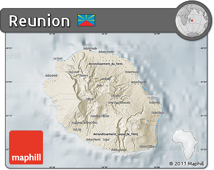 Shaded Relief Map of Reunion, lighten, semi-desaturated