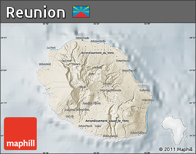 Shaded Relief Map of Reunion, lighten, semi-desaturated