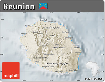 Shaded Relief Map of Reunion, lighten, semi-desaturated