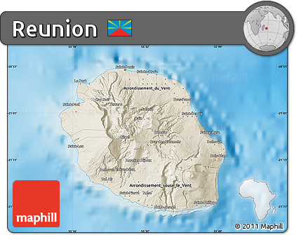 Shaded Relief Map of Reunion, political shades outside, shaded relief sea